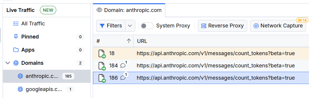 Cached endpoints in the Live Traffic grid