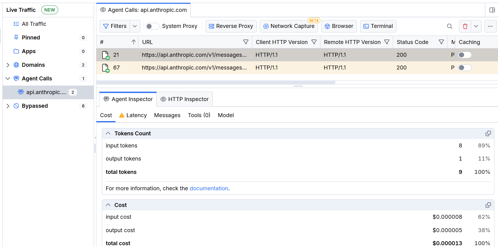 The Agent Calls section and the Caching column