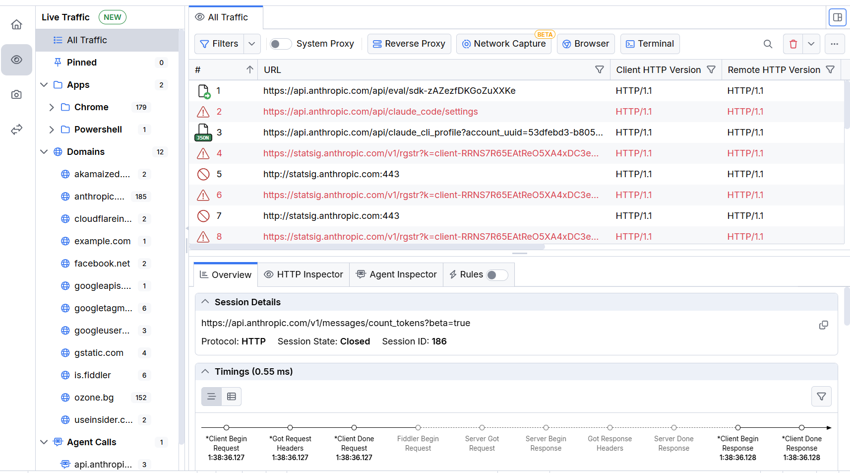The grouped traffic panel in the Traffic pane