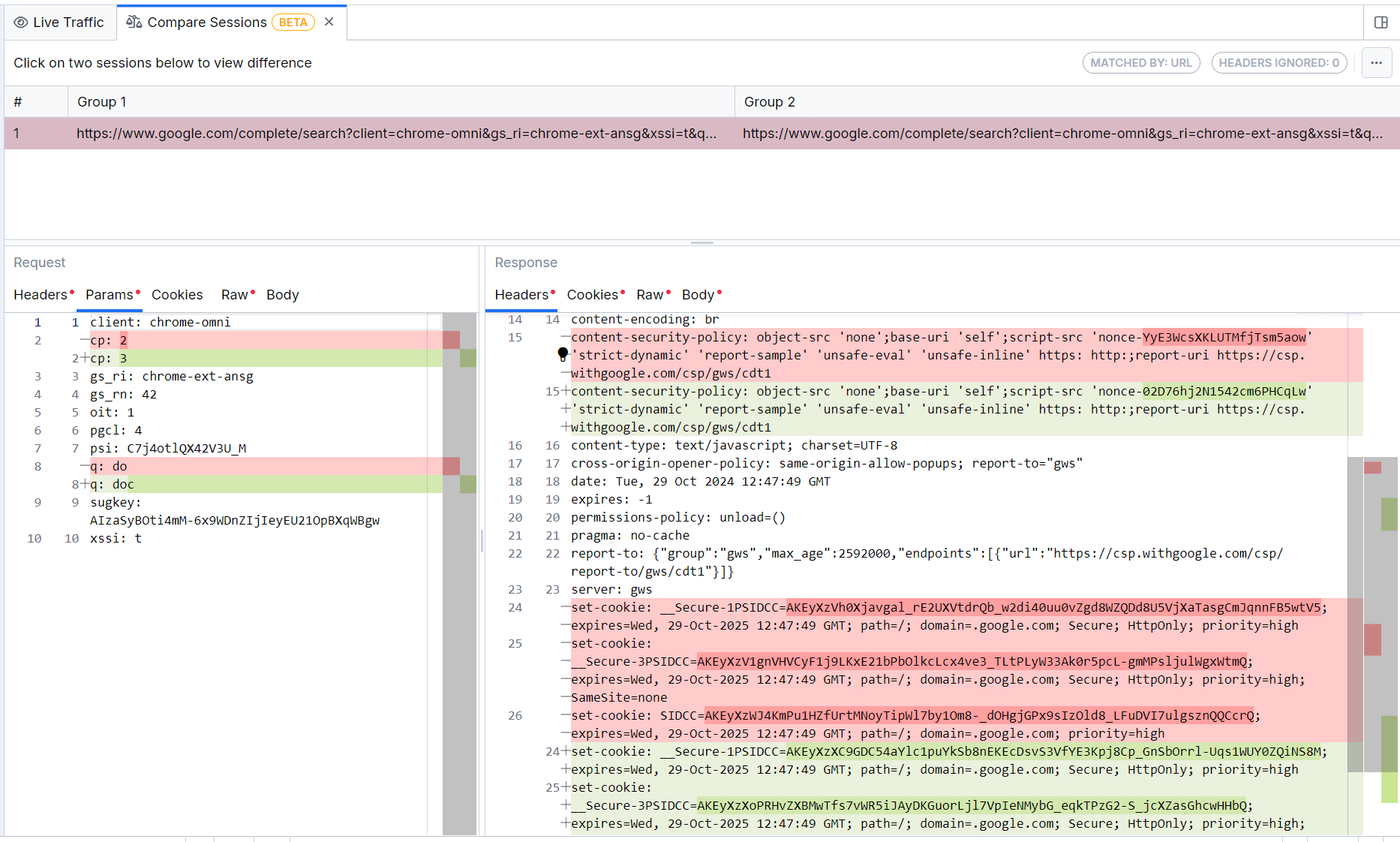 Compare Sessions tab
