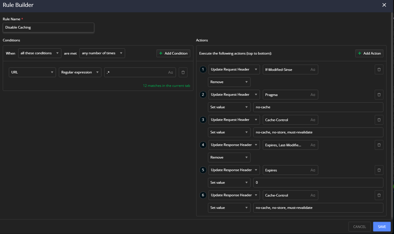 Disable Caching rules