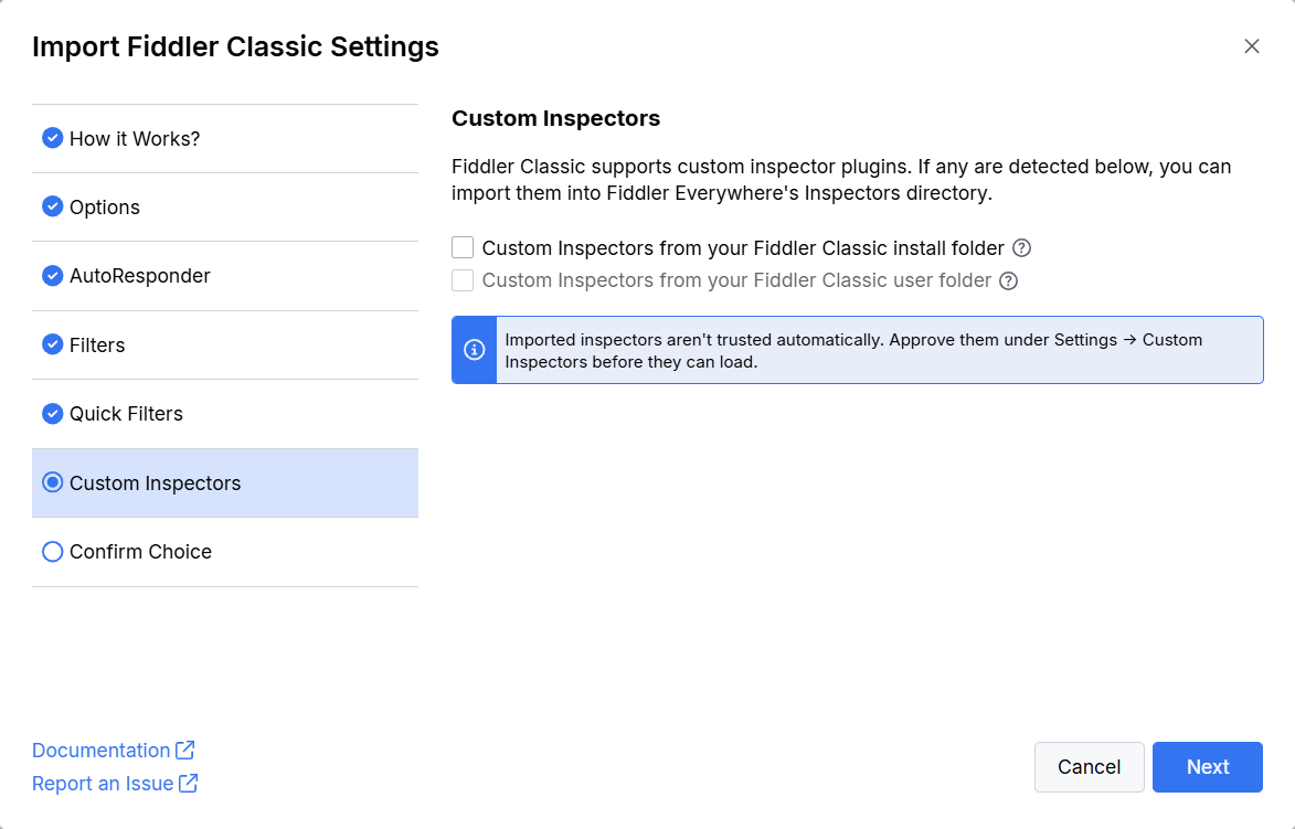 Custom Inspectors step of the Import Fiddler Classic Settings wizard