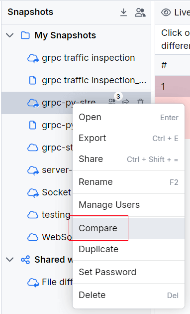 Compare context menu in Sessions section