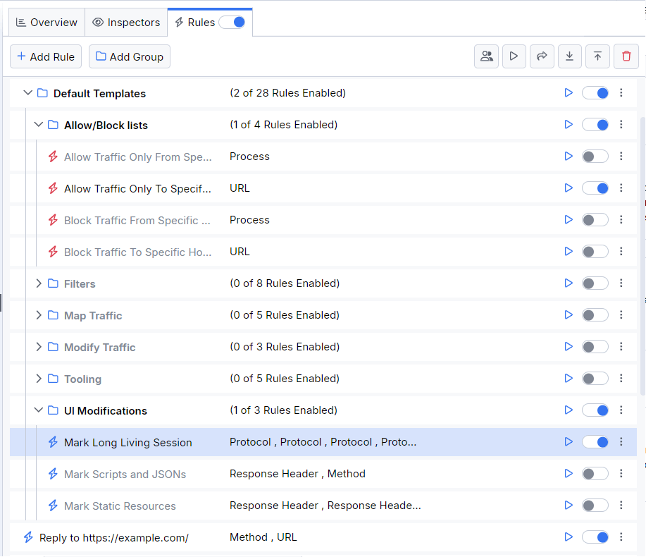 Example of active Rules tab with rules and groups