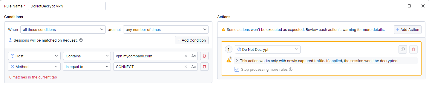 Example rule that uses the "Do Not Decrypt" action