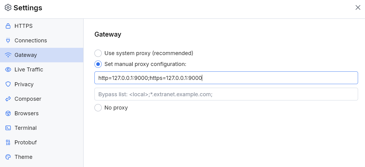 Fiddler gateway and manual proxy configuration