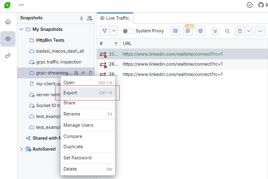 Export SAZ from the saved Snapshots tree list