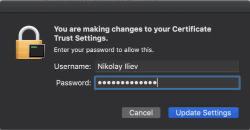 Enter Keychain credentials to trust the root certificate