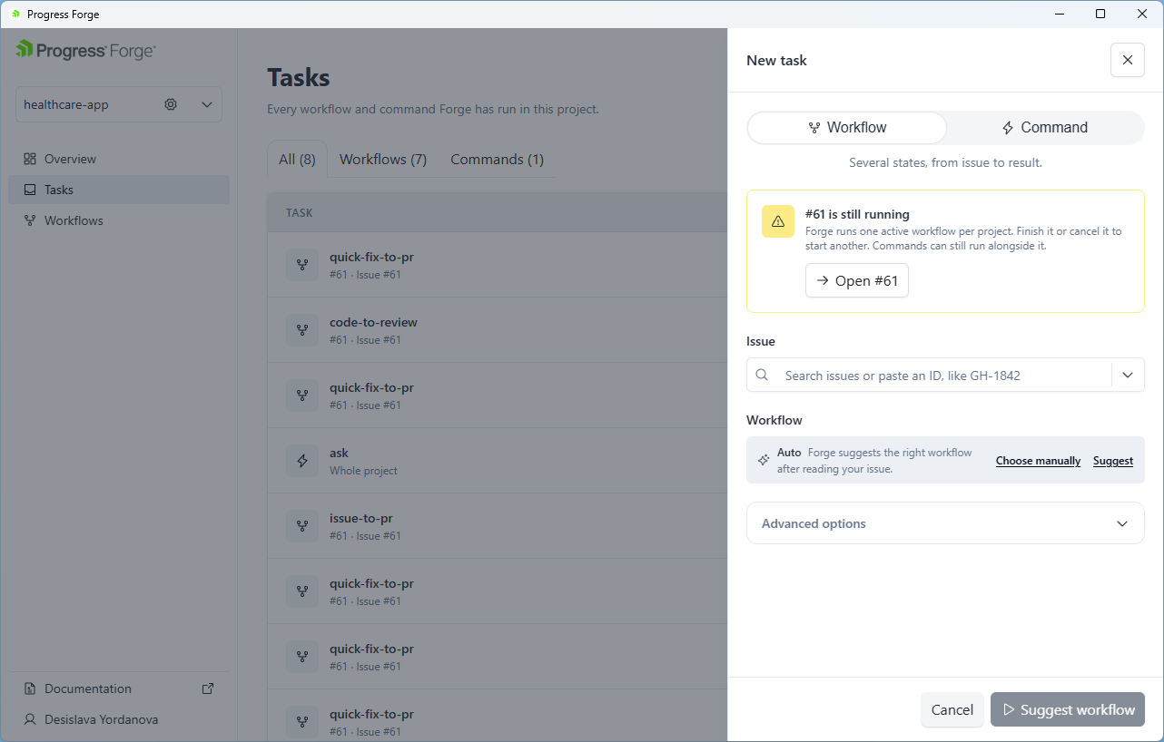New task panel warning that workflow #61 is still running, with an Open #61 button and disabled Suggest workflow action.