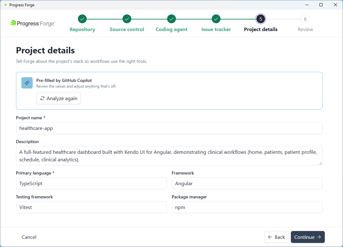 Project details with repository suggestions and editable metadata