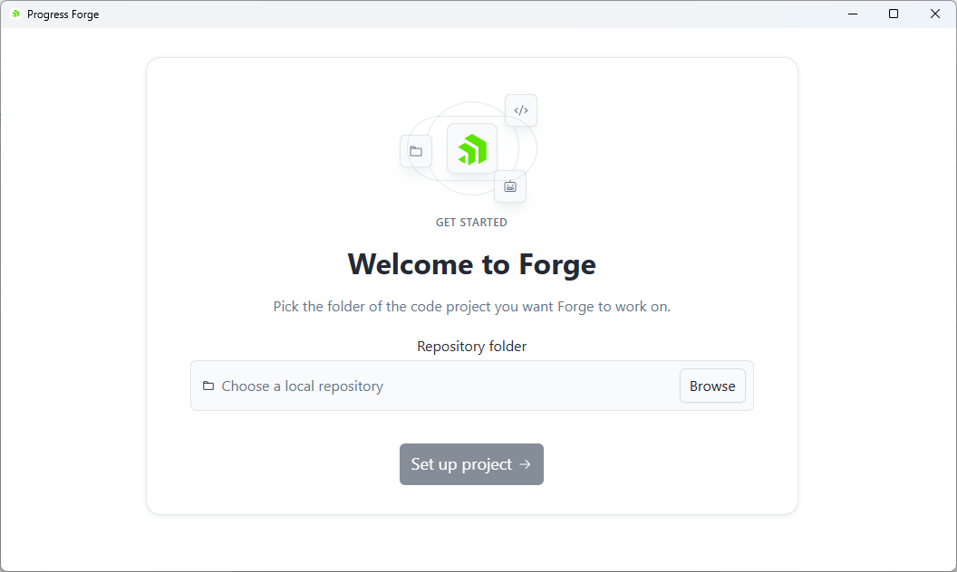 Welcome to Forge page with repository selection and Setup new project action