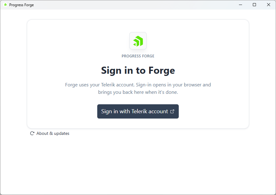 Forge Desktop App sign-in screen with the Sign in with Telerik account button.