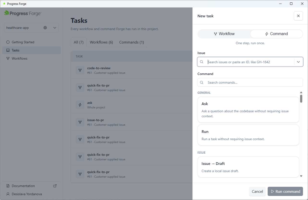 New task panel with Command selected, an Issue field, Search commands, and command cards grouped under GENERAL and ISSUE.