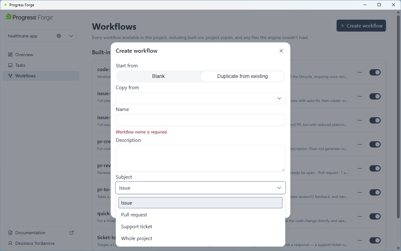 Create workflow dialog with Blank and Duplicate from existing options, the Copy from, Name, and Description fields, and Subject choices.
