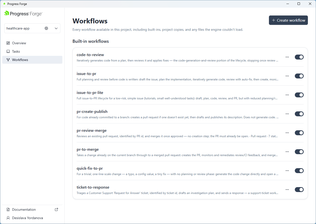 Workflows catalog with the subtitle Every workflow available in this project, plus the ones you’ve made your own; Forge workflow names and summaries; row ellipsis controls and switches; and the Create workflow button.