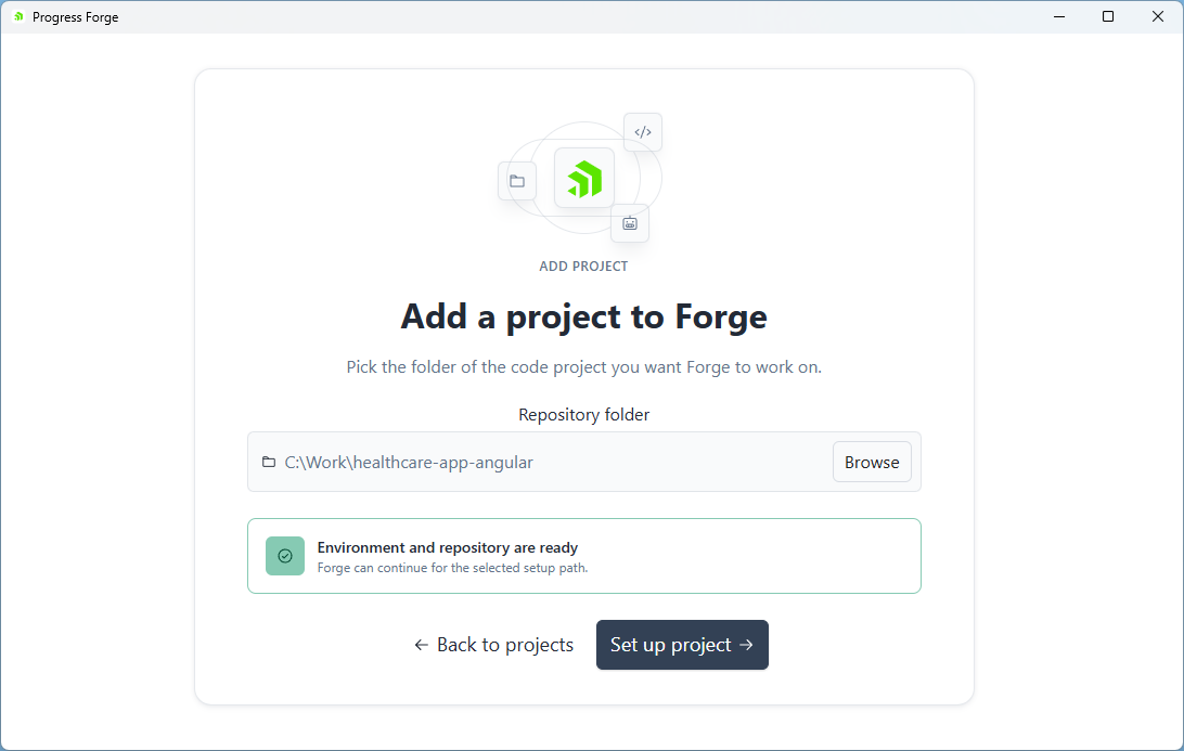 Add a project to Forge screen with the Repository folder picker, ready status, and Set up project button.