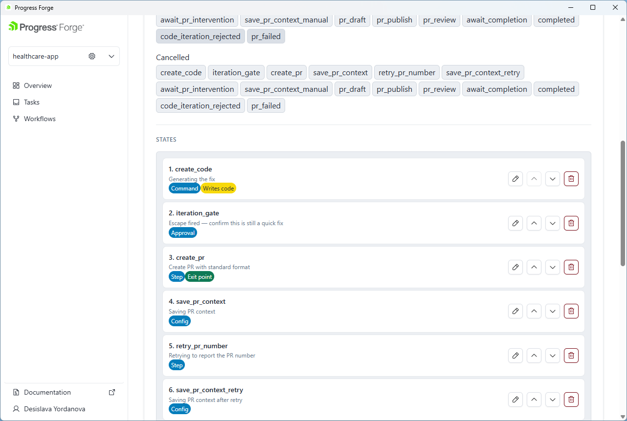 Workflow editor's STATES section with terminal-state groups and numbered state cards showing edit, move, and remove controls.