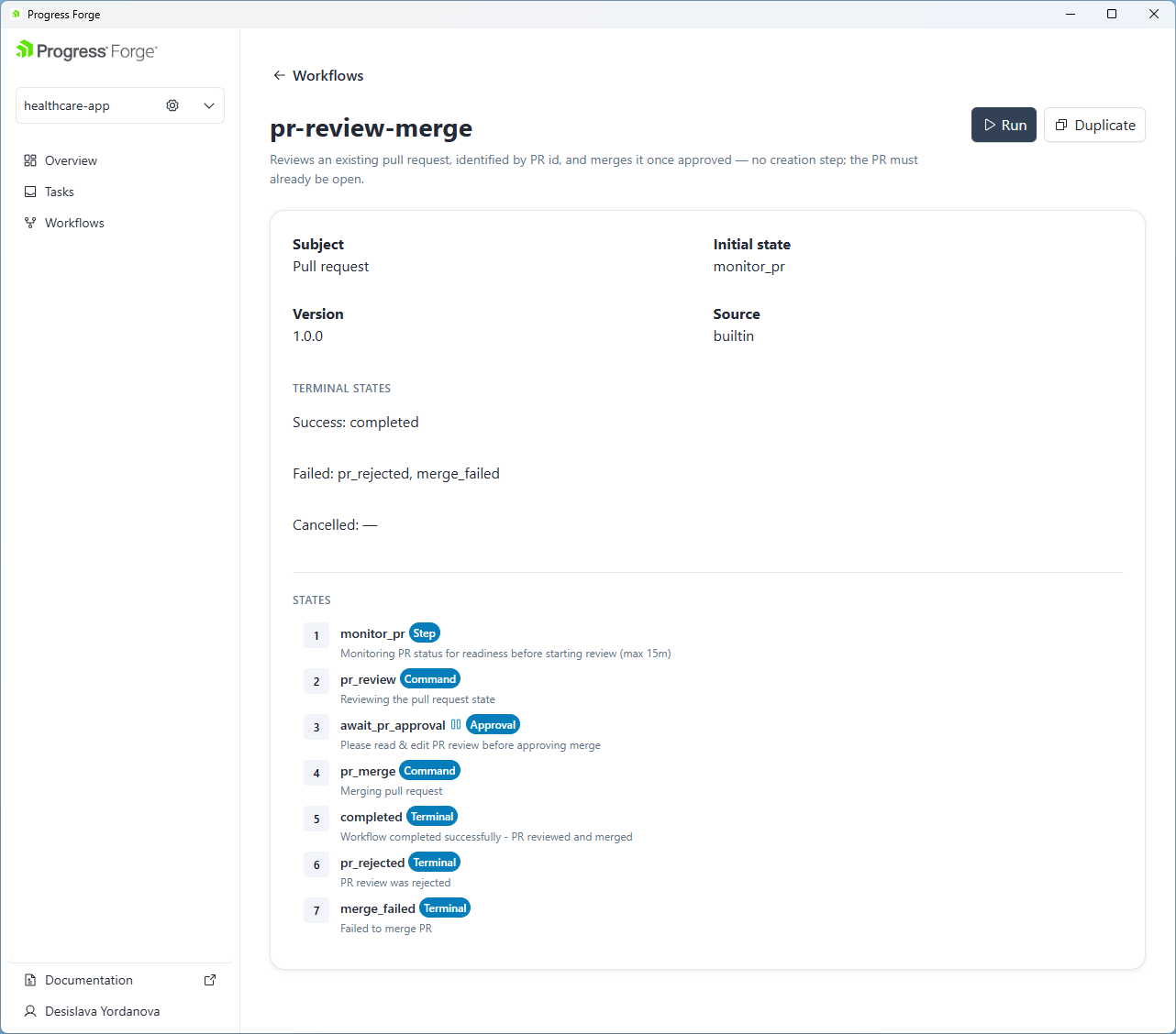 The Review and merge a pull request overview with its summary, numbered steps, approval point, and navigation back to Workflows.