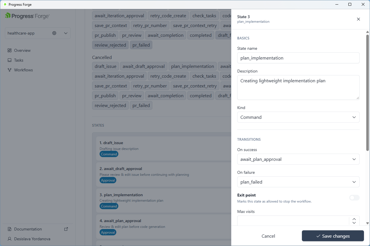 State editor panel showing State name, Description, Kind, On success and On failure transitions, Exit point, Max visits, and Cancel and Save changes.