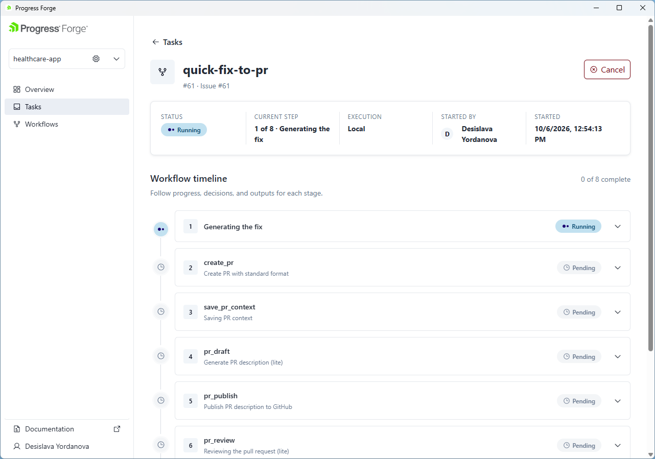 Workflow run in Tasks showing quick-fix-to-pr for issue 61, Running status, current state, execution context, and pending states.