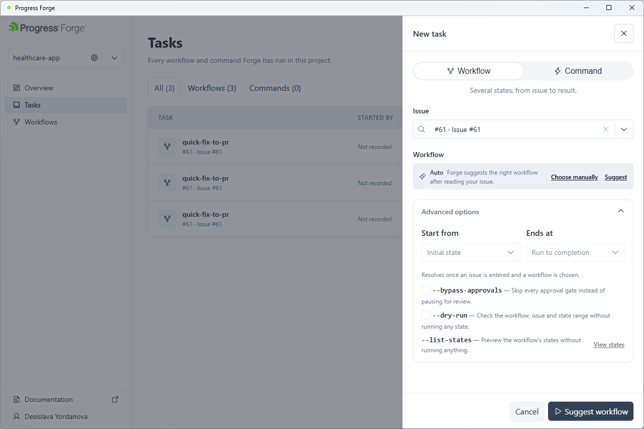 New task panel with Workflow selected, an Issue field, Auto workflow selection, expanded Advanced options, and Cancel and Suggest workflow buttons.