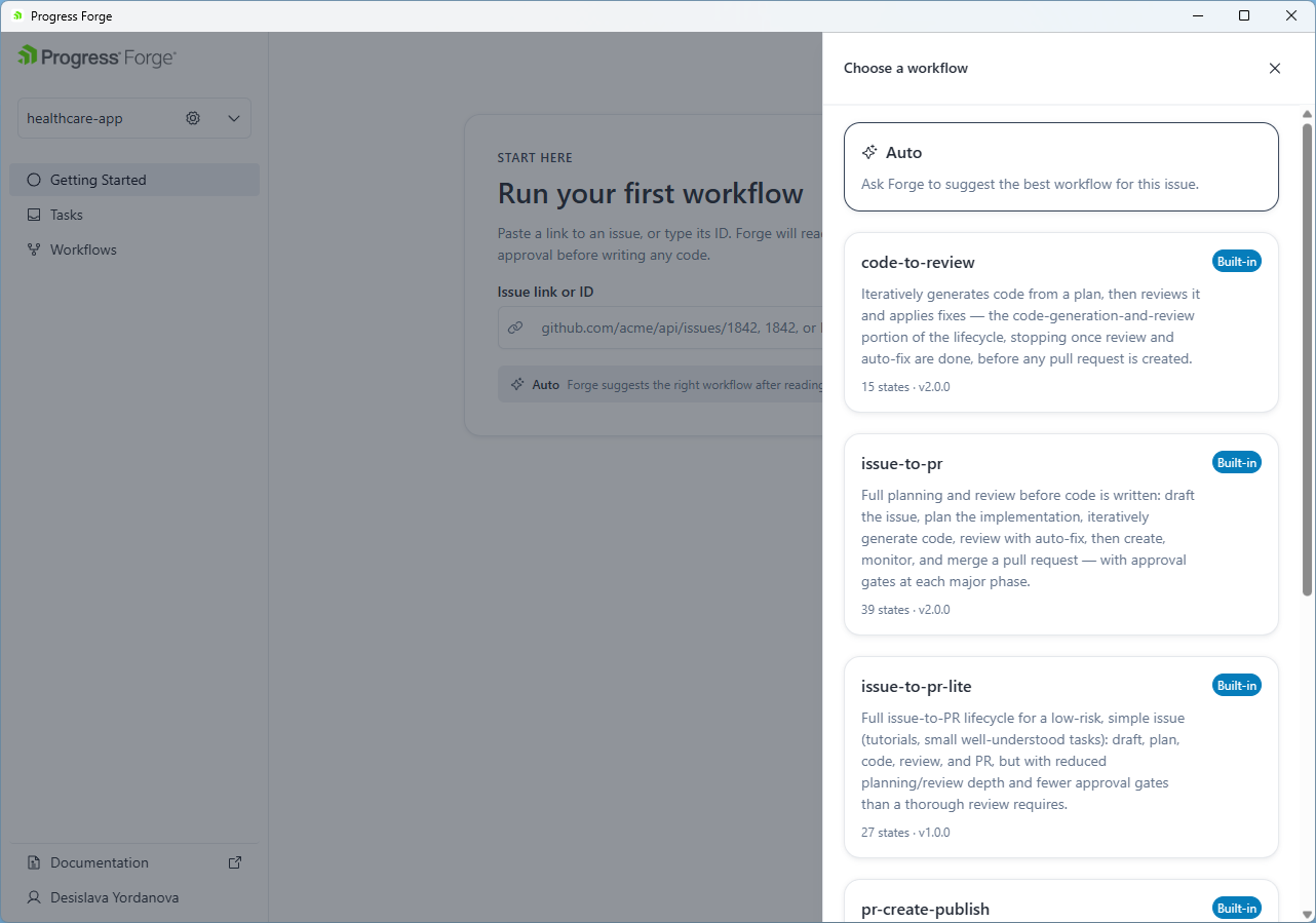 Choose a workflow panel showing Auto and built-in workflow cards with descriptions, state counts, and versions.