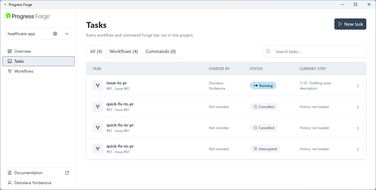 Tasks page showing All, Workflows, and Commands tabs, Search tasks, New task, and the Task, Started By, Status, and Current Step columns.