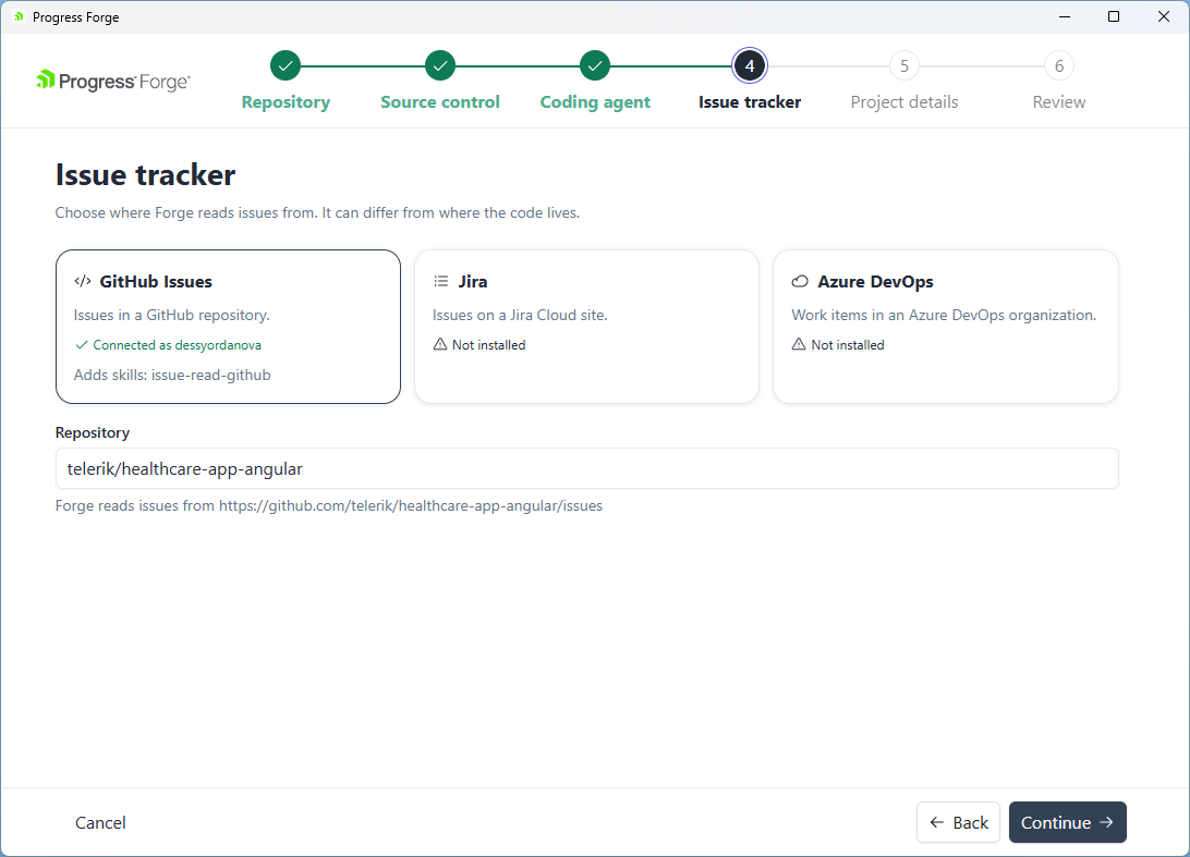 Issue tracker selection and connection status