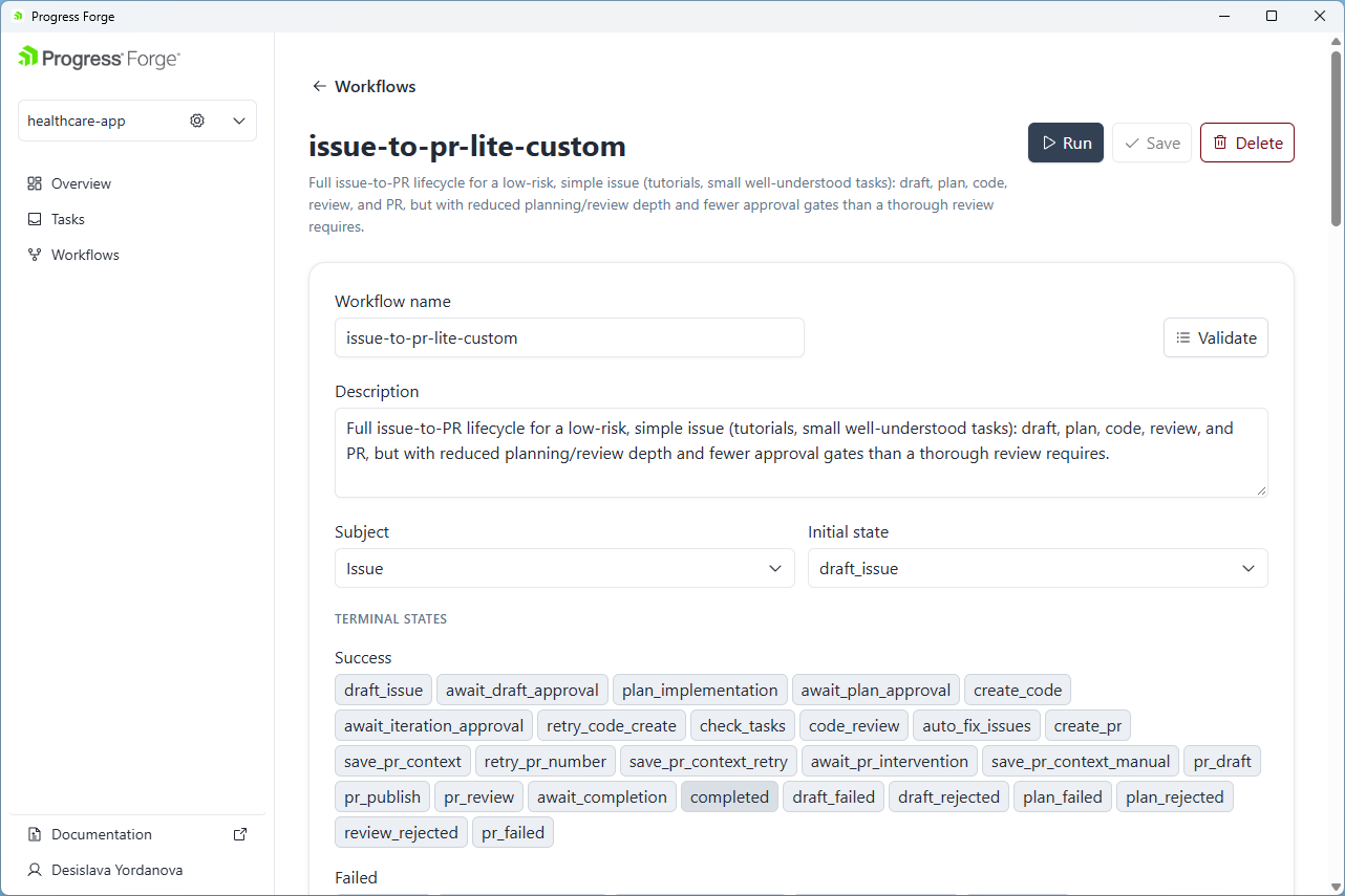 Workflow editor for a custom workflow showing its name, description, Subject, Initial state, terminal-state groups, and Run, Save, Delete, and Validate actions.