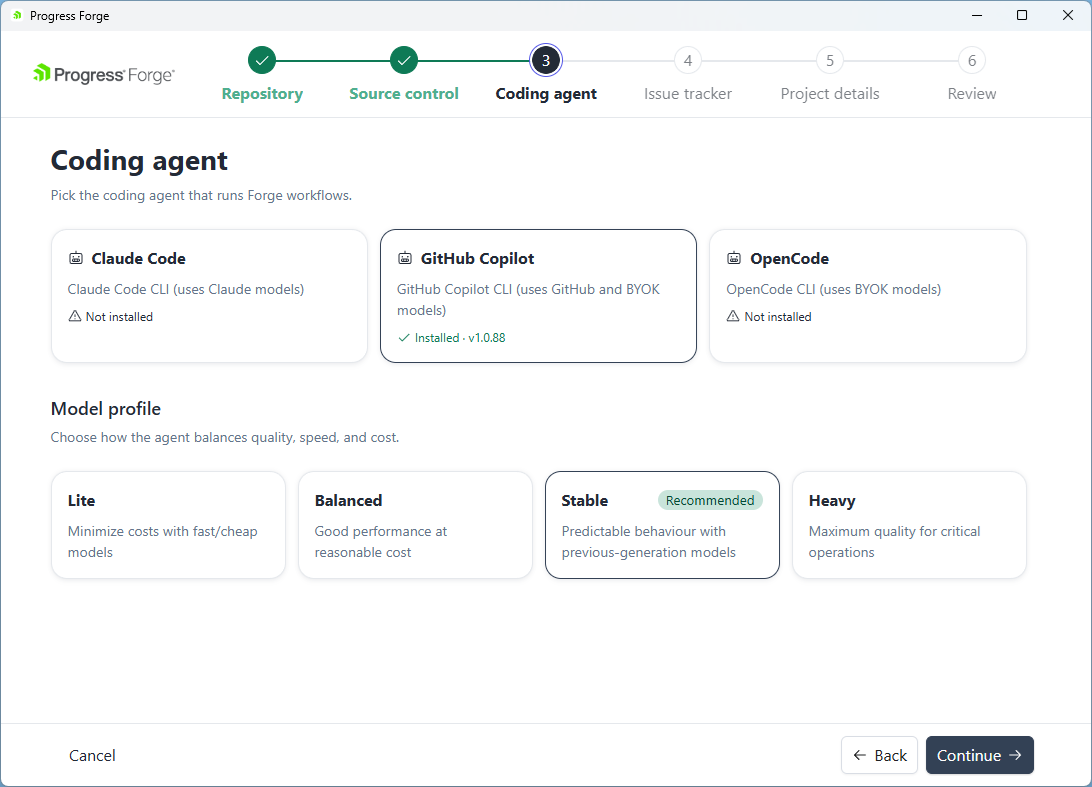 Coding agent and model profile selection