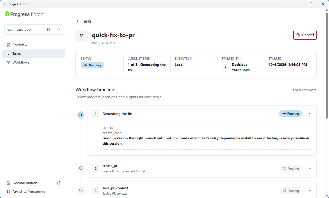 Workflow run in Tasks showing Running status, current state activity, pending states, execution details, and the Cancel action.
