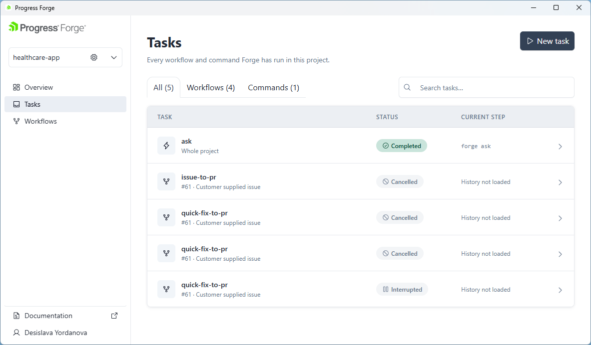 Tasks list showing All, Workflows, and Commands tabs, search, New task, and a completed workflow with its current step.