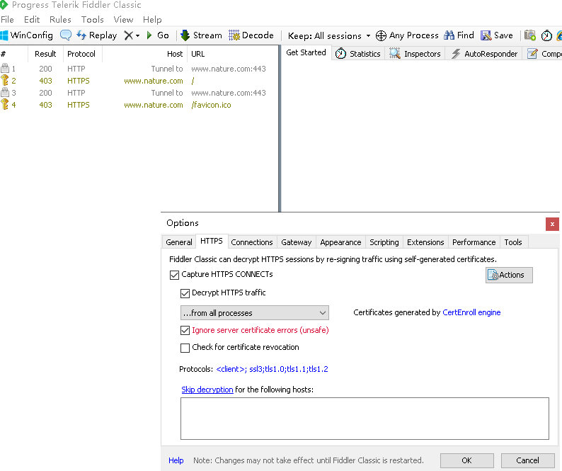 Fiddler classic can't resolve https for nature websites in Fiddler ...