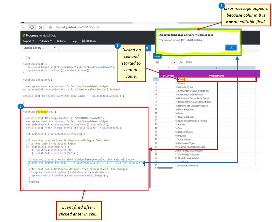 Spreadsheet select event shows previous cell selected. How to get the ...