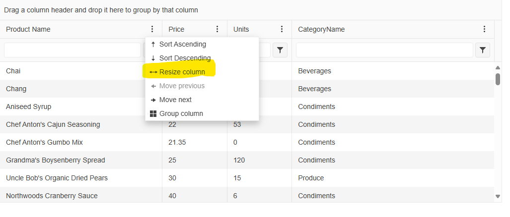 Is resize column menu item is added in kendo angular grid version 6.1.3 ...