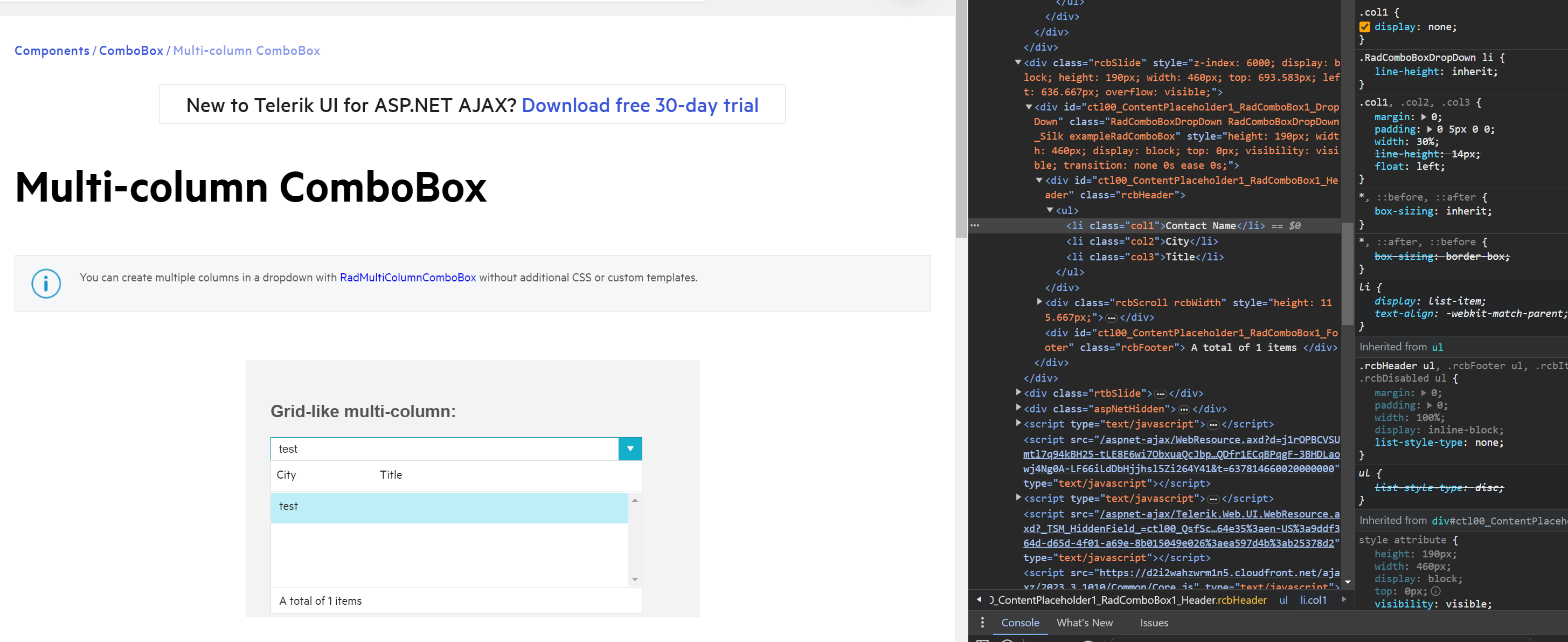 RadComboBox LoadOnDemand PageMethod using multi column and attributes ...