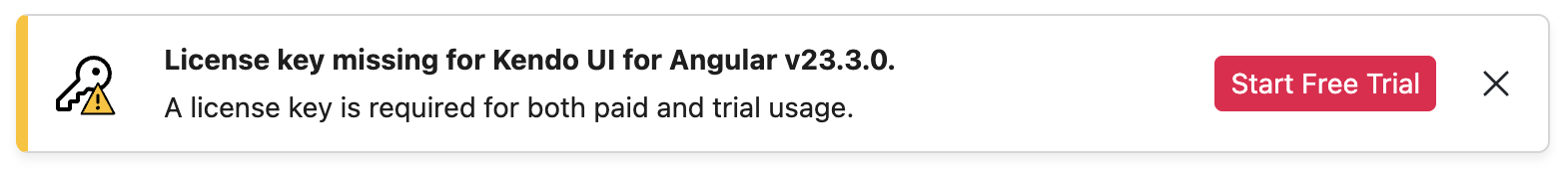 Kendo UI for Angular - Invalid License Banner