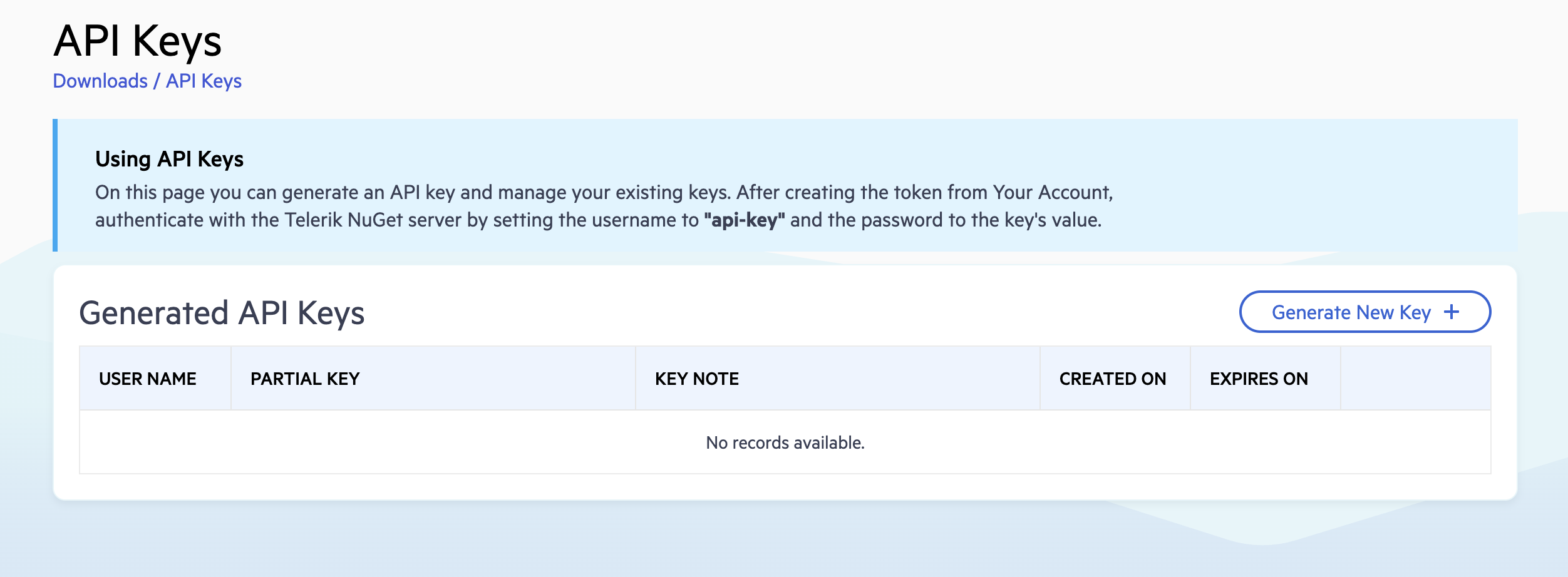 Telerik Account API Keys Page