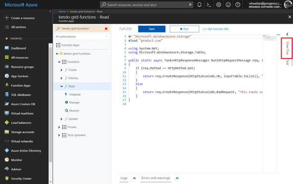 Kendo UI for Angular - Cloud Integration - Open the function files in Azure