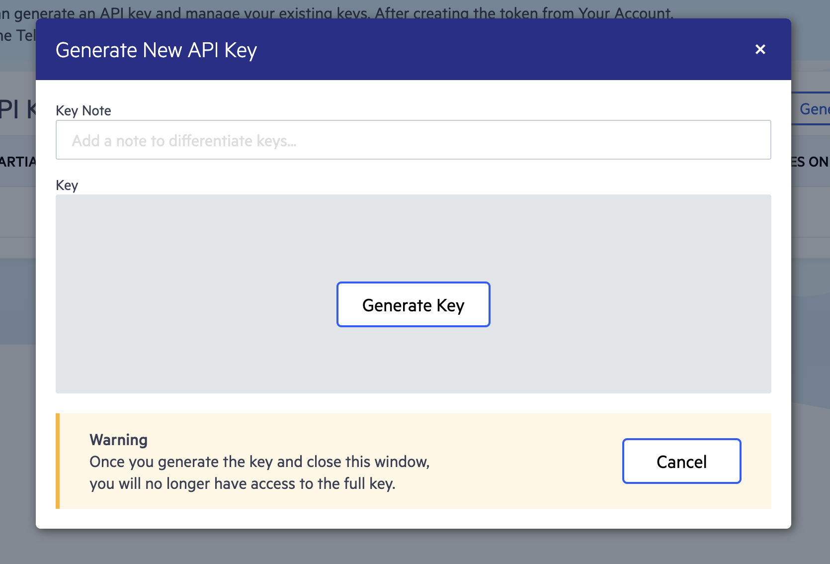 Generate New API Key Dialog