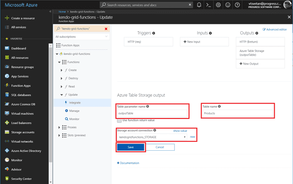 Kendo UI for Angular - Cloud Integration - New output configuration in Azure