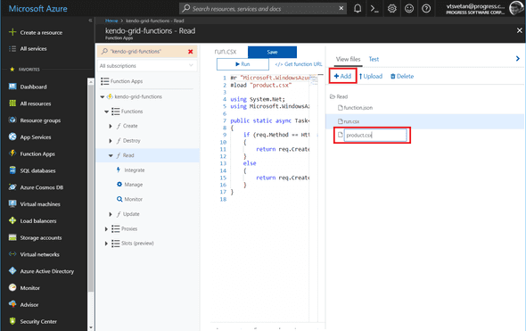 Kendo UI for Angular - Cloud Integration - Create new function file in Azure