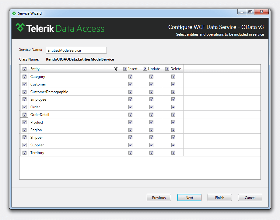 Kendo UI for jQuery Configure The Entities