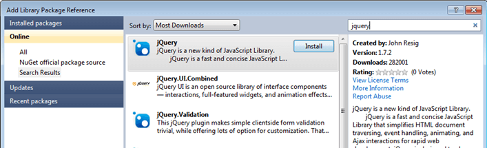 Kendo UI for jQuery Nuget jQuery Search