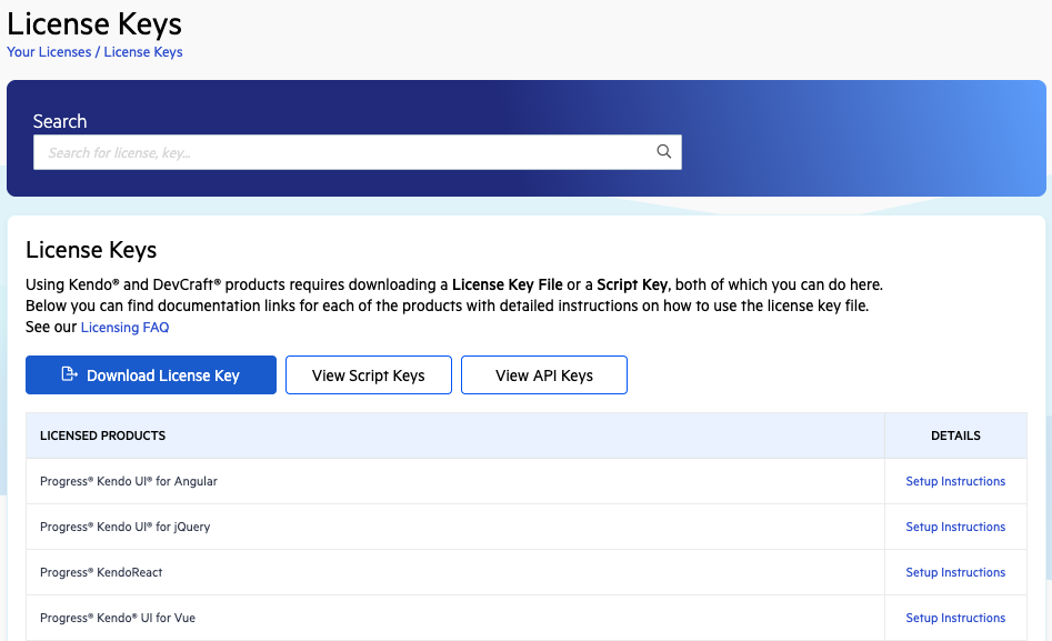 Telerik Account - License Keys - KendoReact Download