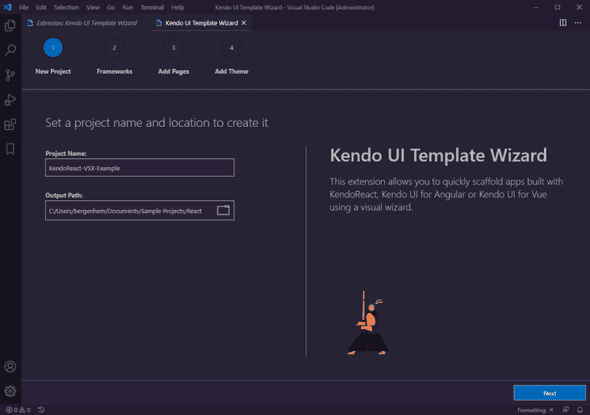 The Set a project name and location and create it dialog in the Kendo UI Template Wizard for VS Code