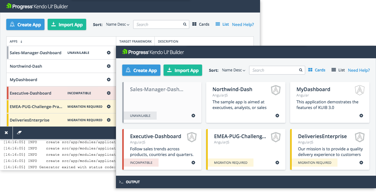 The Dashboard Card and List View of the Kendo UI Builder