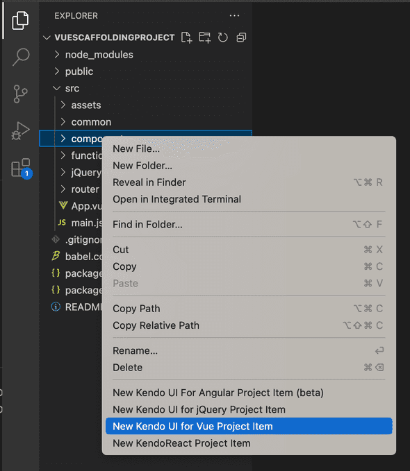 Scaffolders context menu with the New Kendo UI for Vue Project Item option