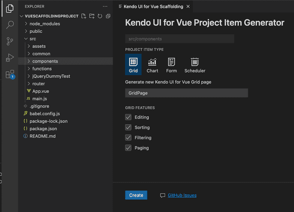 Scaffolders Wizard with the Kendo UI for Vue Project Item Generator dialog with the Scheduler selected as a project item type