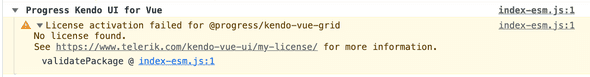 Kendo UI for Vue Console Warning for a missing or invalid license
